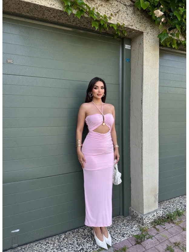 Pembe Drapeli Aksesuarlı Uzun Elbise
