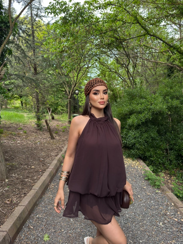 Kahverengi Mini Şifon Elbise