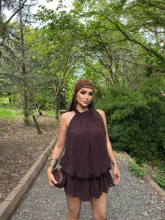 Kahverengi Mini Şifon Elbise