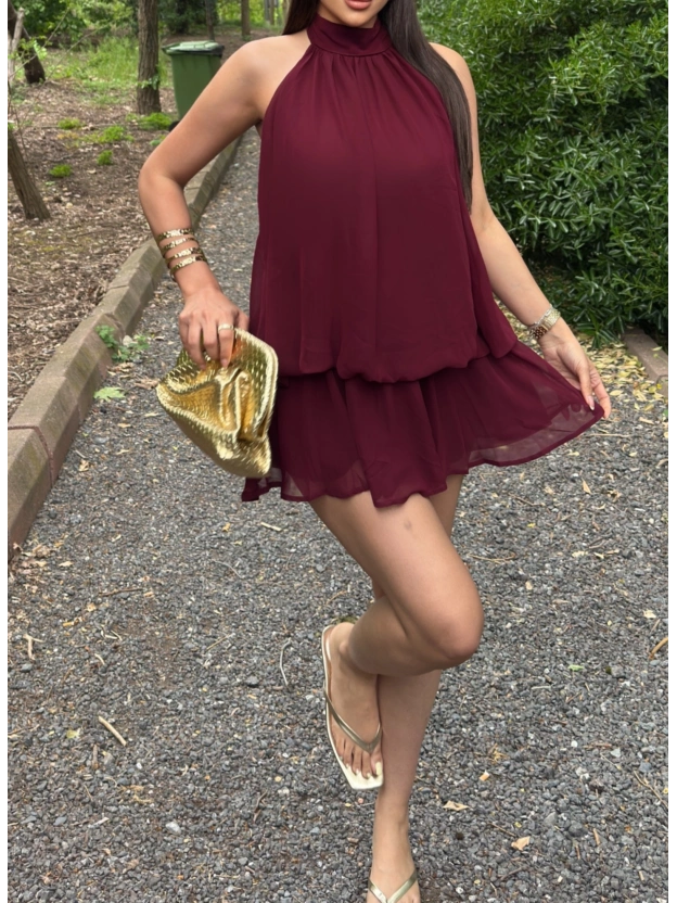 Bordo Mini Şifon Elbise