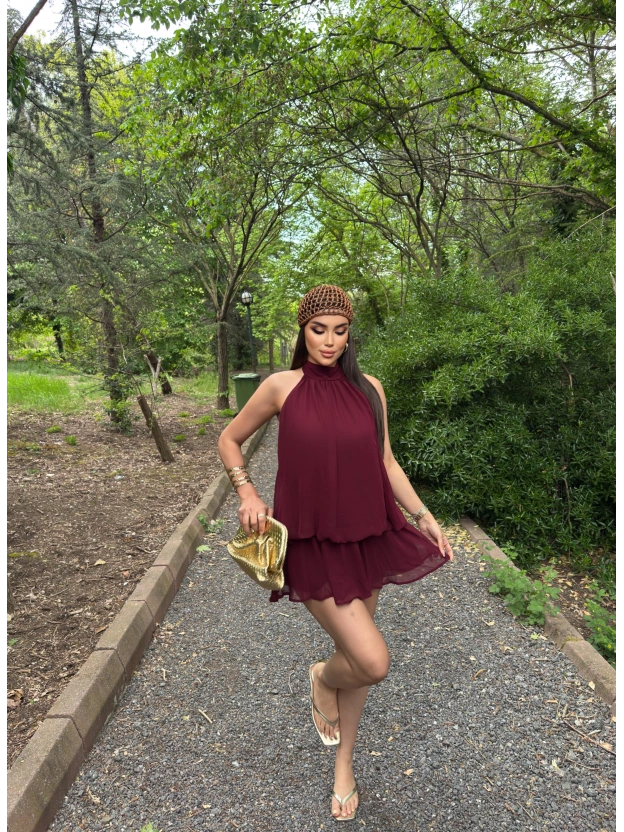 Bordo Mini Şifon Elbise