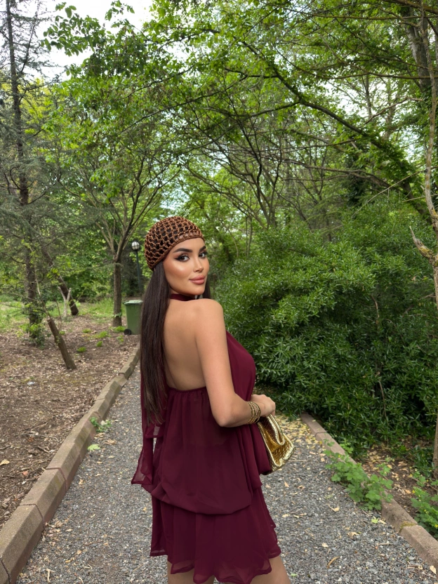 Bordo Mini Şifon Elbise