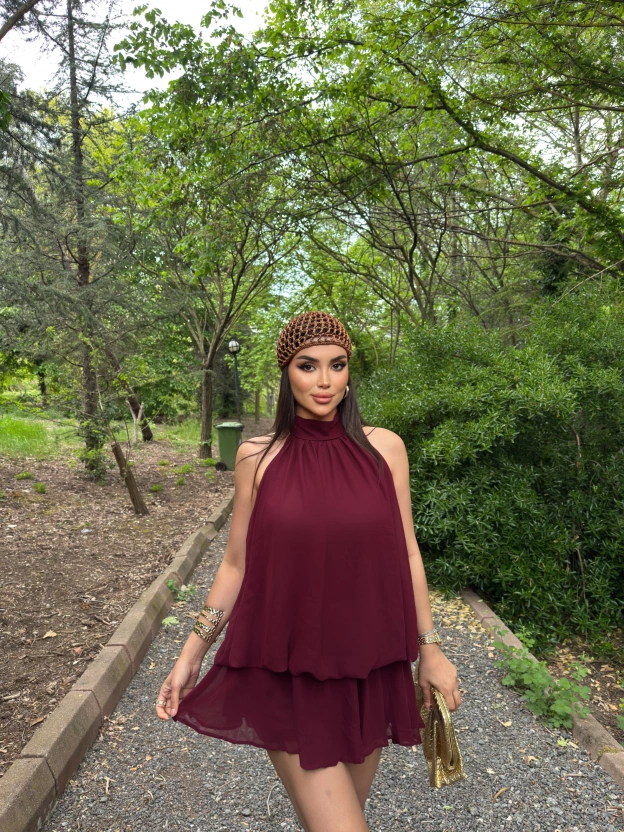 Bordo Mini Şifon Elbise