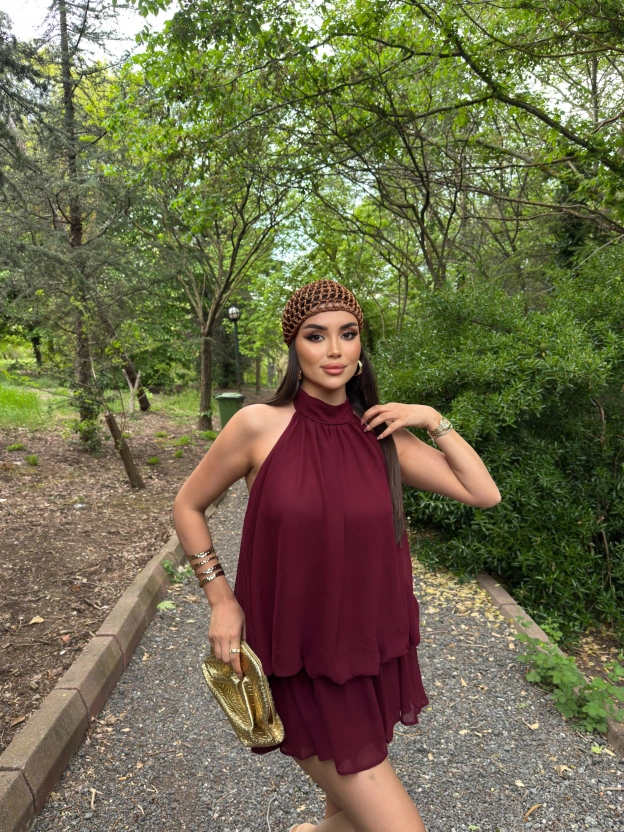 Bordo Mini Şifon Elbise