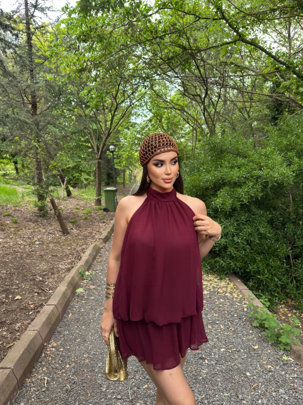 Bordo Mini Şifon Elbise