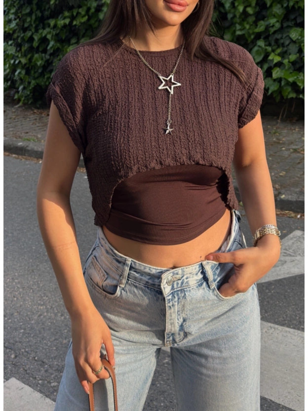 Kahverengi Kolyeli Üçlü Bürümcük Crop