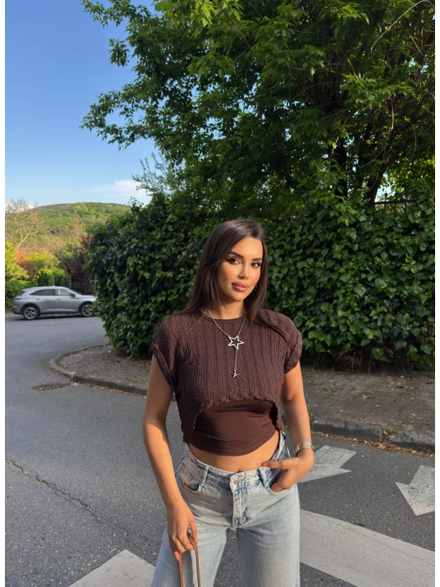 Kahverengi Kolyeli Üçlü Bürümcük Crop