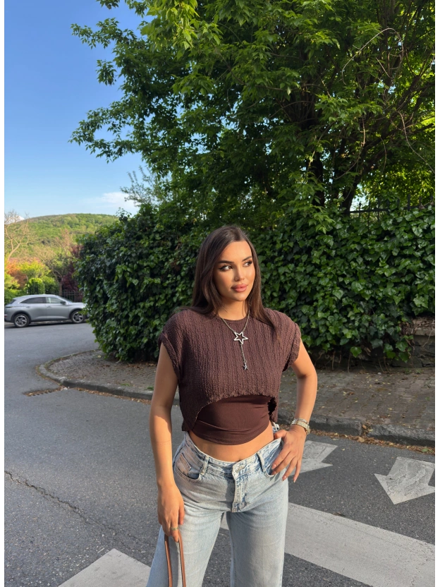 Kahverengi Kolyeli Üçlü Bürümcük Crop