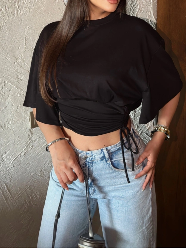 Siyah Beli Büzgülü Yarasa Kol Brshk Crop