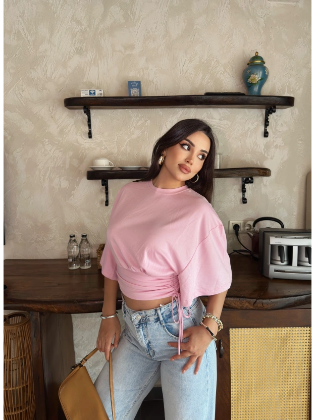 Pembe Beli Büzgülü Yarasa Kol Brshk Crop