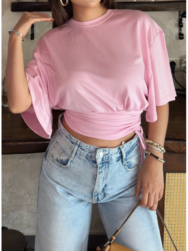 Pembe Beli Büzgülü Yarasa Kol Brshk Crop