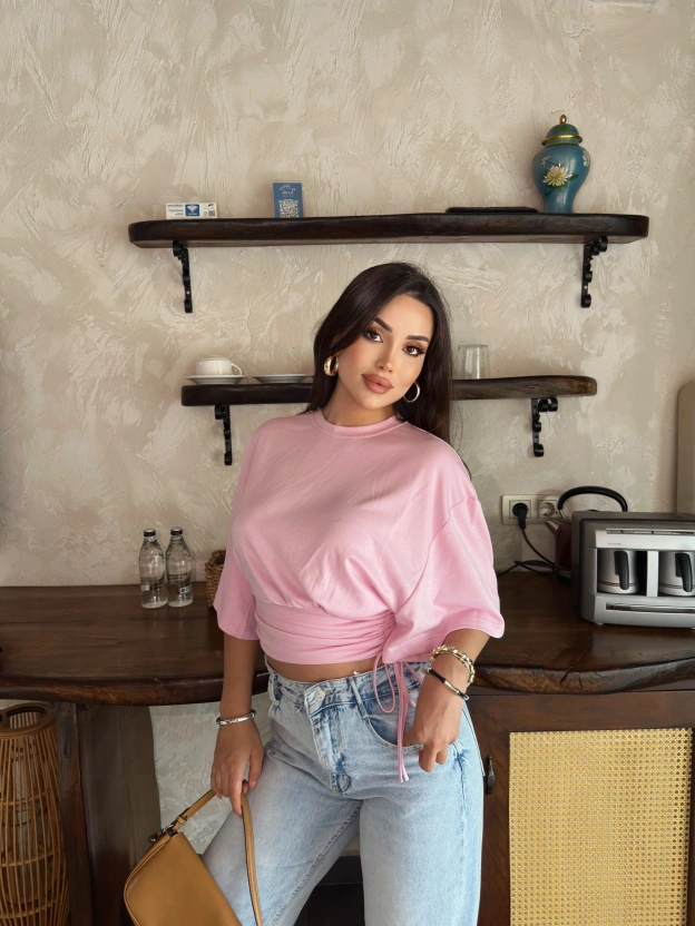 Pembe Beli Büzgülü Yarasa Kol Brshk Crop