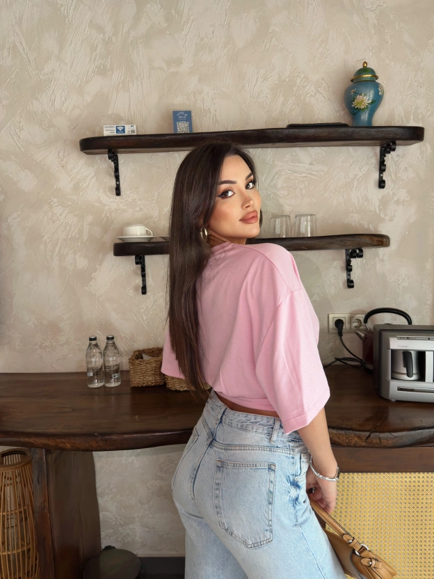 Pembe Beli Büzgülü Yarasa Kol Brshk Crop