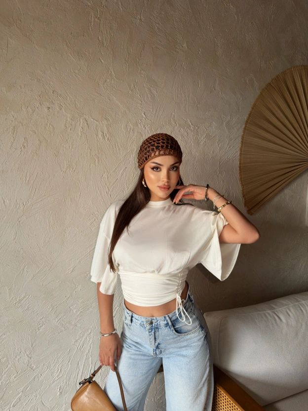 Beyaz Beli Büzgülü Yarasa Kol Brshk Crop