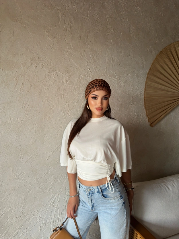 Beyaz Beli Büzgülü Yarasa Kol Brshk Crop
