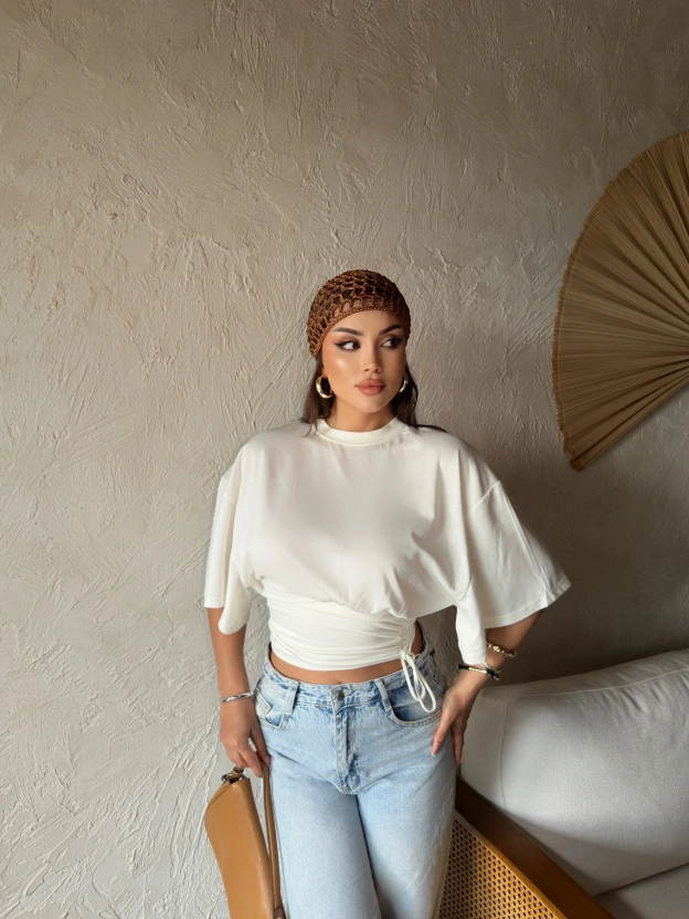 Beyaz Beli Büzgülü Yarasa Kol Brshk Crop