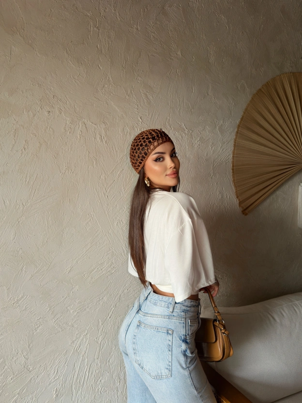 Beyaz Beli Büzgülü Yarasa Kol Brshk Crop