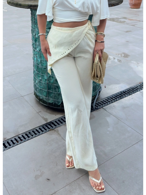 Sarı Beli Fularlı Tailored Fit Tensel Pantolon