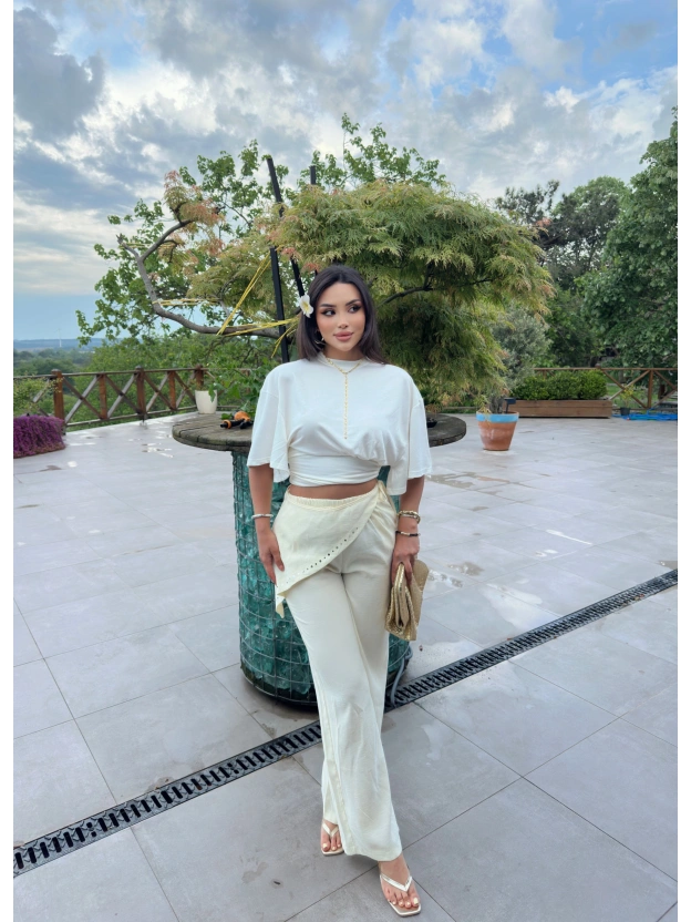Sarı Beli Fularlı Tailored Fit Tensel Pantolon