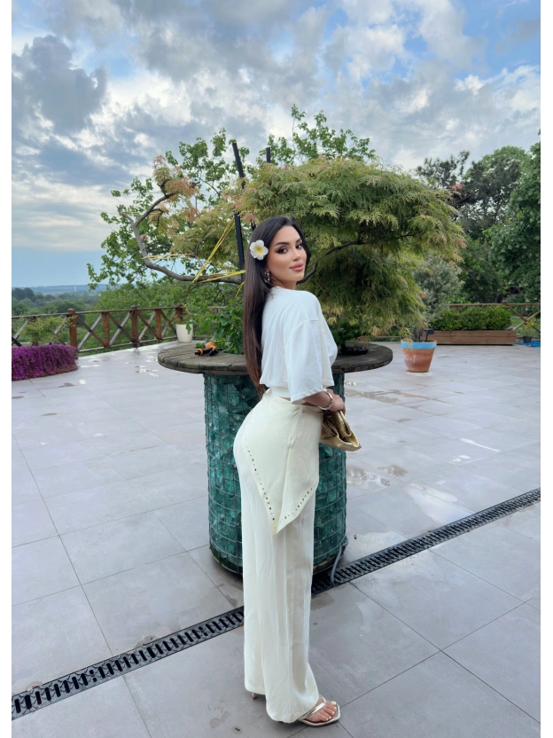 Sarı Beli Fularlı Tailored Fit Tensel Pantolon