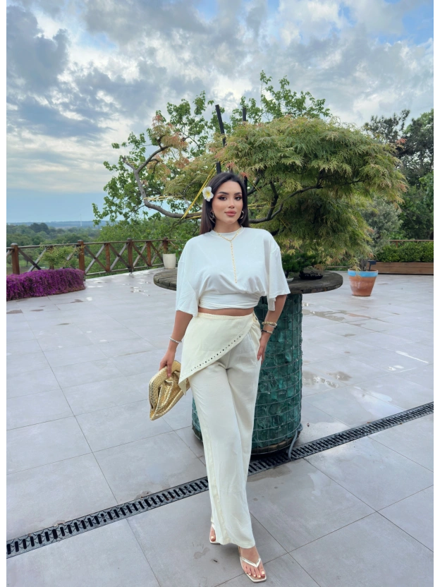 Sarı Beli Fularlı Tailored Fit Tensel Pantolon