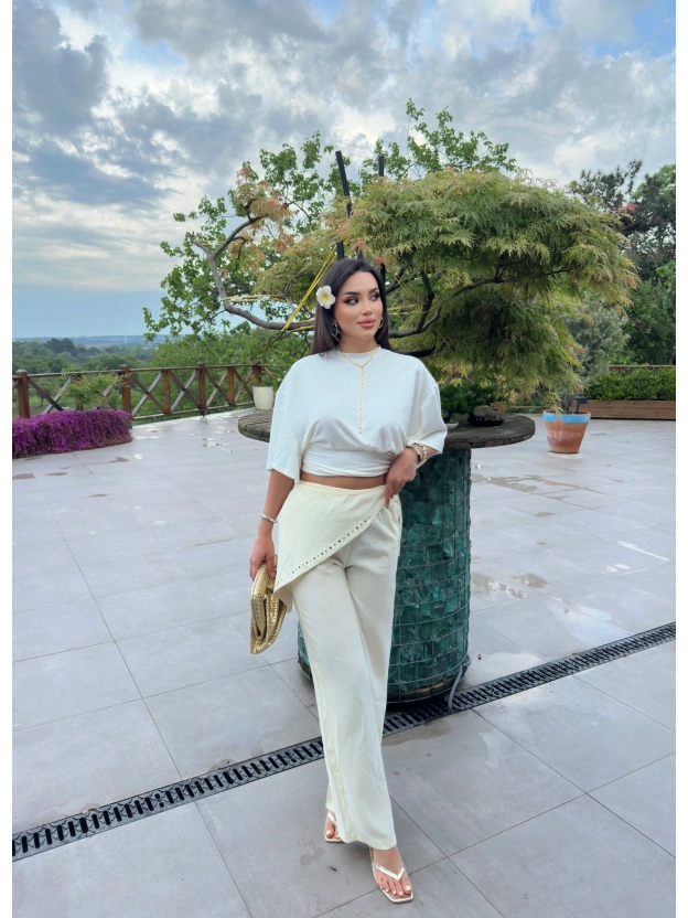Sarı Beli Fularlı Tailored Fit Tensel Pantolon