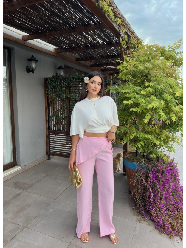 Pembe Beli Fularlı Tailored Fit Tensel Pantolon