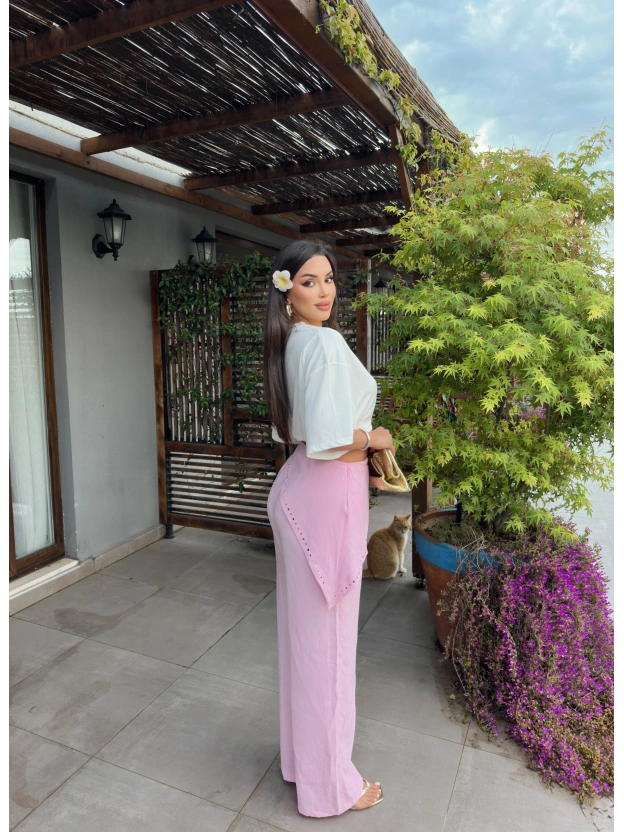 Pembe Beli Fularlı Tailored Fit Tensel Pantolon