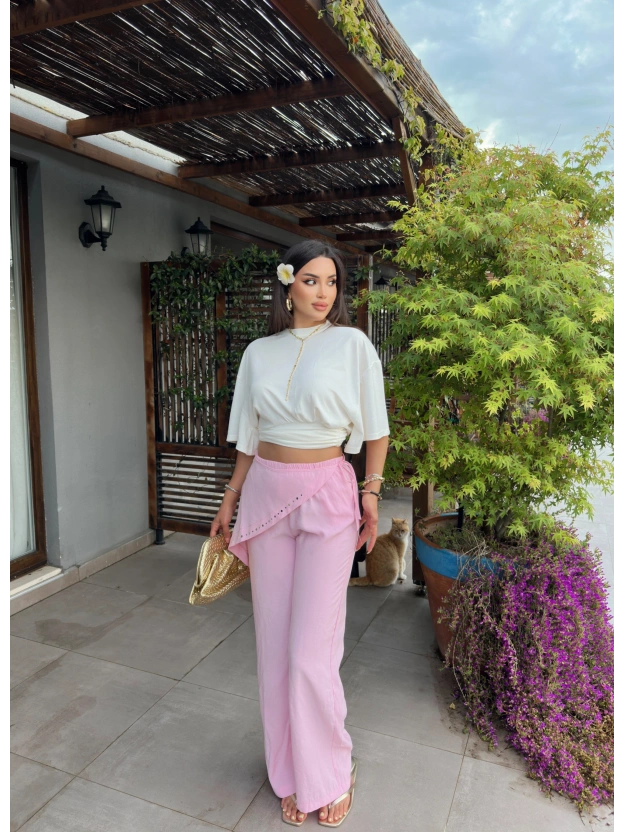 Pembe Beli Fularlı Tailored Fit Tensel Pantolon