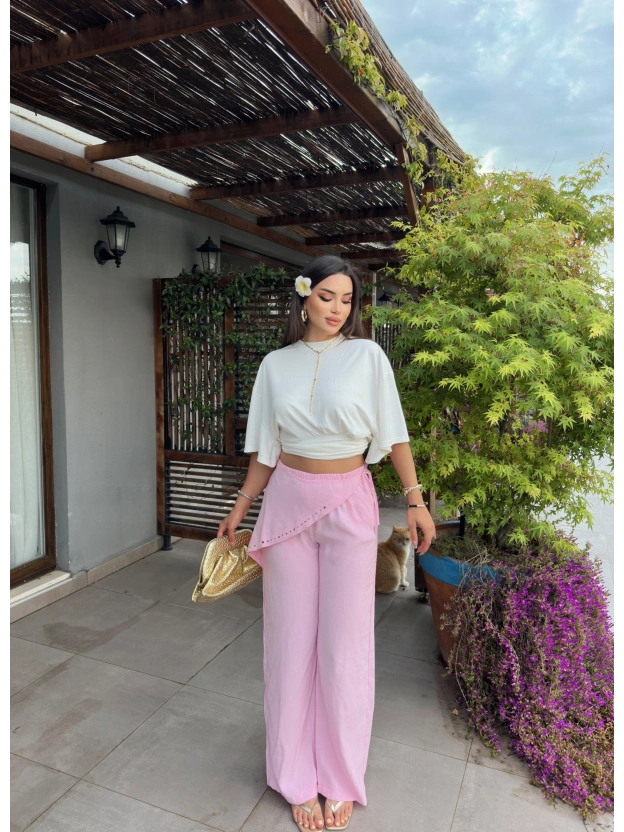Pembe Beli Fularlı Tailored Fit Tensel Pantolon