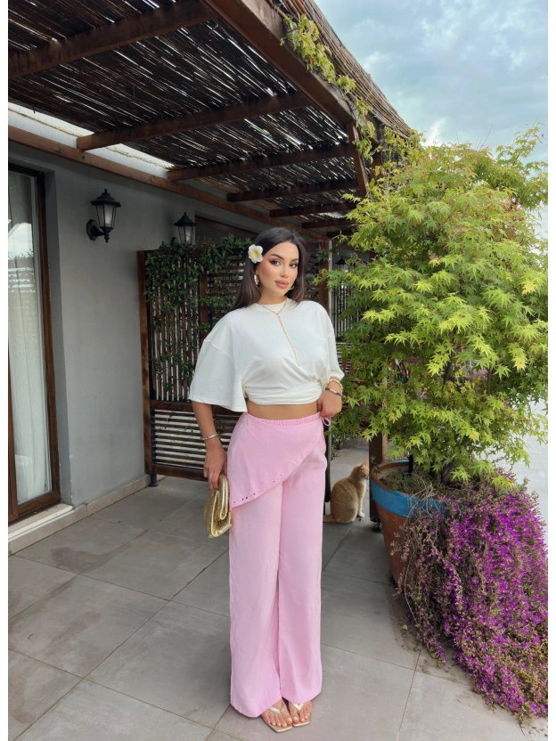 Pembe Beli Fularlı Tailored Fit Tensel Pantolon