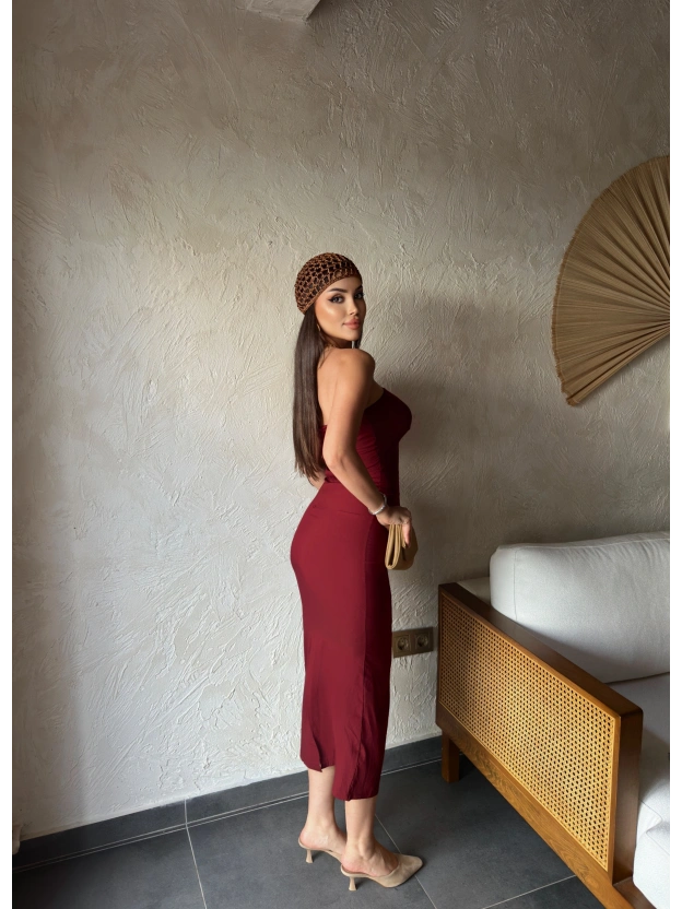 Bordo Straplez Yırtmaç Detay Uzun Elbise
