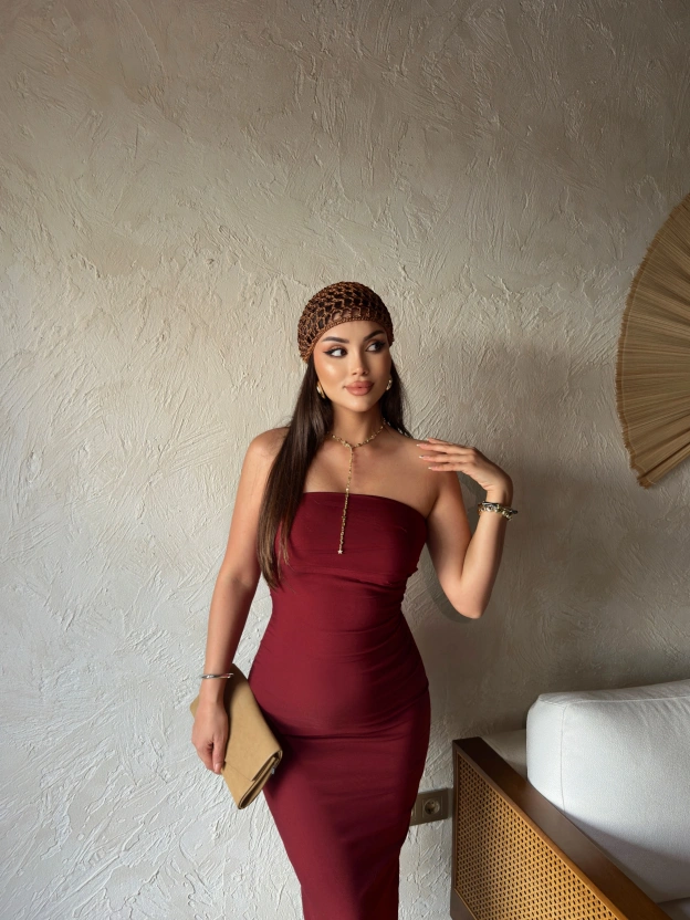 Bordo Straplez Yırtmaç Detay Uzun Elbise