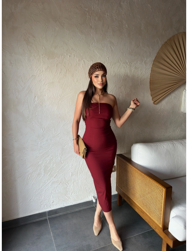 Bordo Straplez Yırtmaç Detay Uzun Elbise