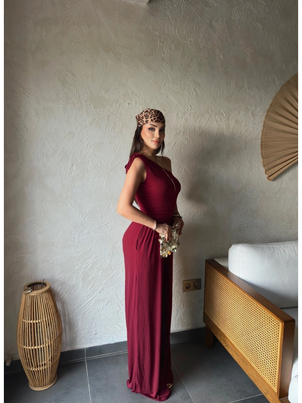 Bordo Omuz Büzgü Tek Omuz Tulum