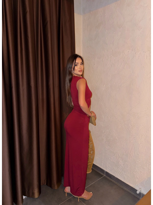 Bordo Çift Aksesuarlı Maxi Elbise