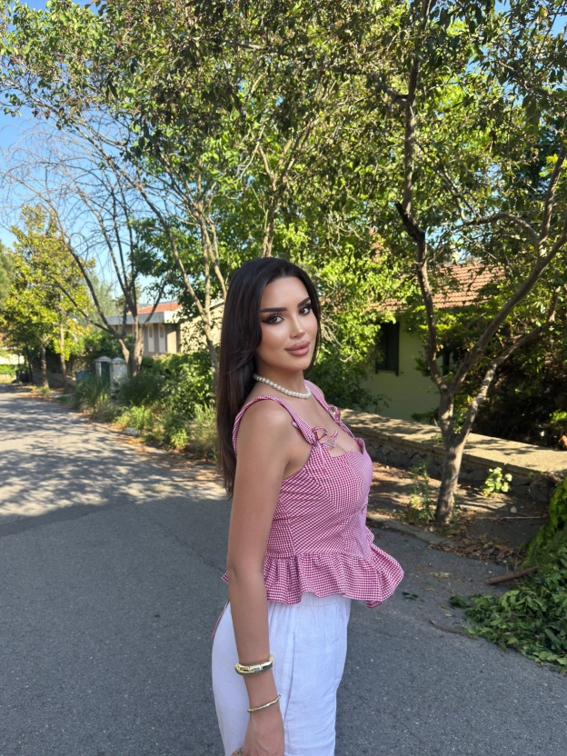 Kırmızı Mini Kareli Korse Crop