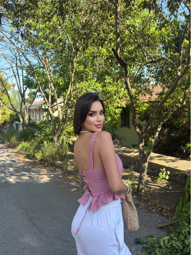 Kırmızı Mini Kareli Korse Crop