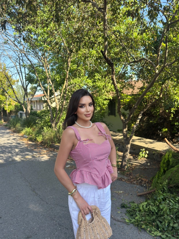 Kırmızı Mini Kareli Korse Crop
