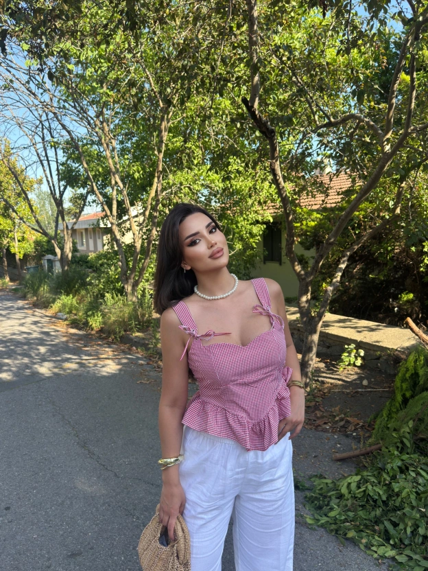 Kırmızı Mini Kareli Korse Crop