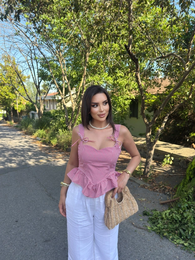 Kırmızı Mini Kareli Korse Crop