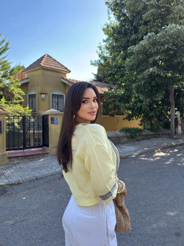 Sarı Müslin Şeritli Kimona