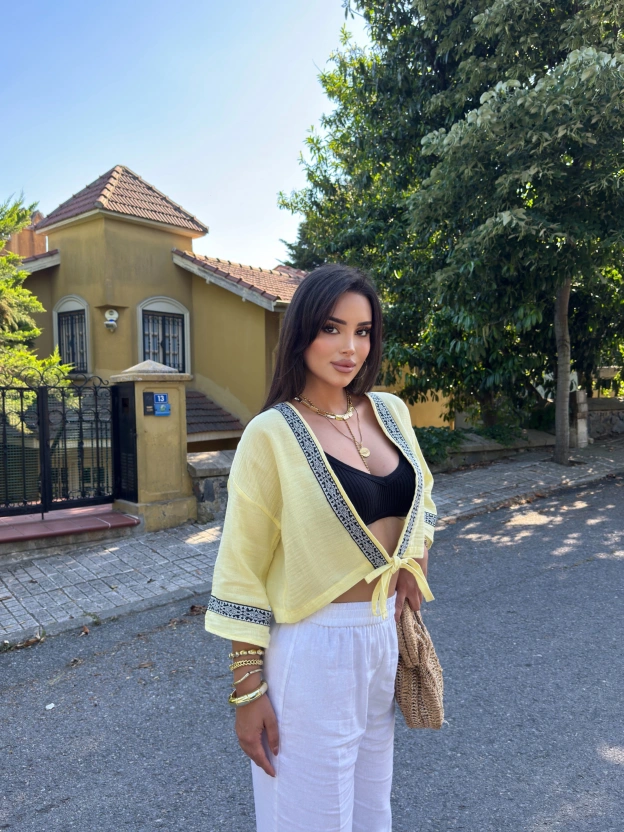 Sarı Müslin Şeritli Kimona