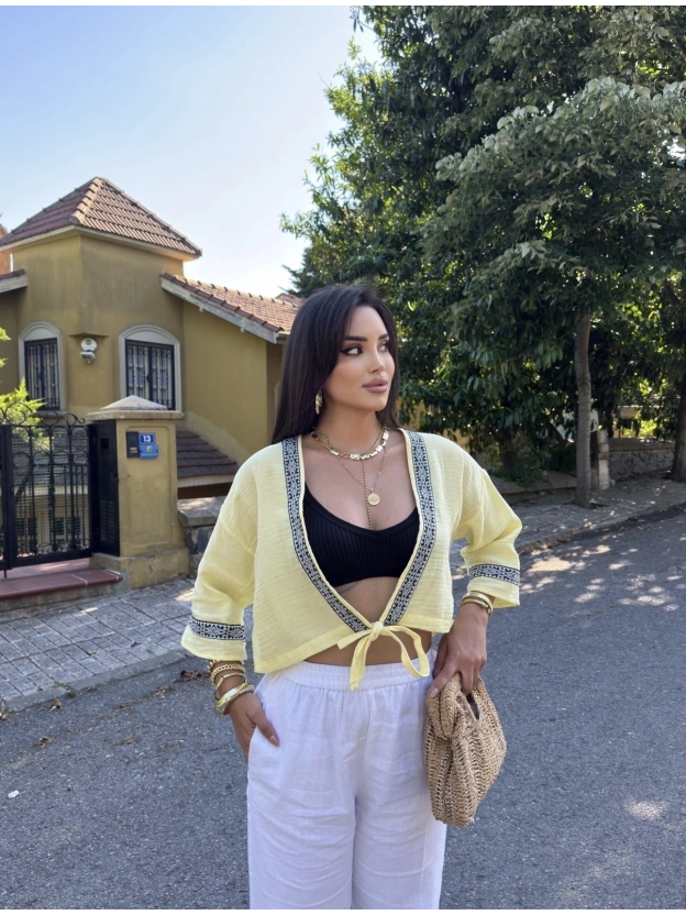 Sarı Müslin Şeritli Kimona