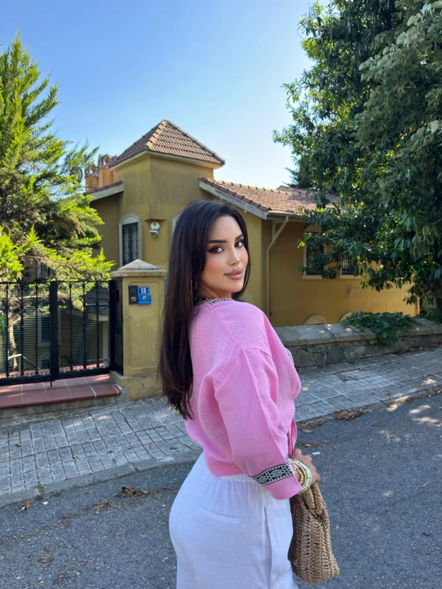 Pembe Müslin Şeritli Kimona