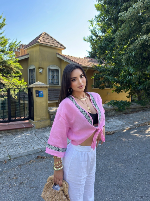 Pembe Müslin Şeritli Kimona