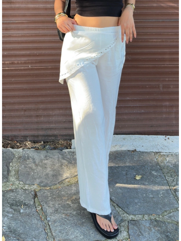 Beyaz Beli Fularlı Tailored Fit Tensel Pantolon