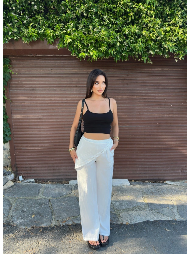 Beyaz Beli Fularlı Tailored Fit Tensel Pantolon