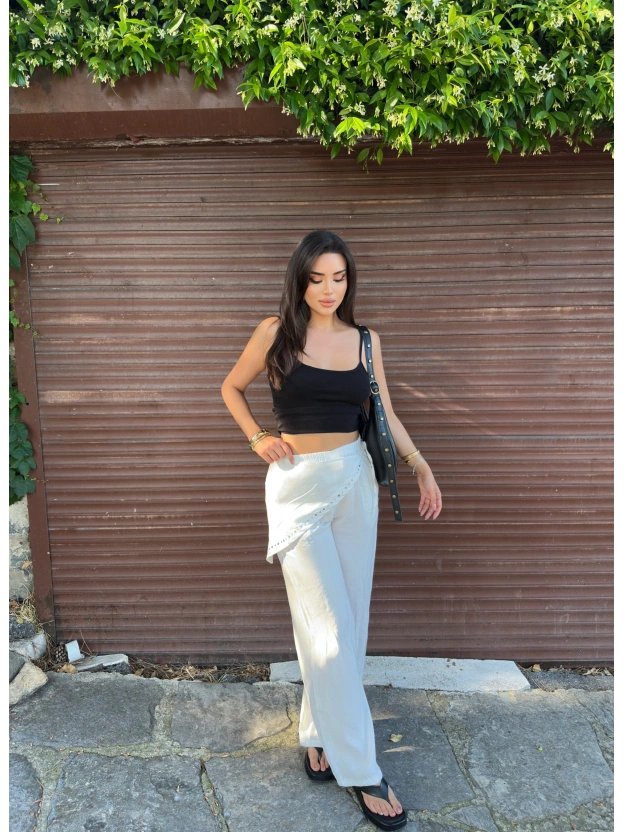 Beyaz Beli Fularlı Tailored Fit Tensel Pantolon