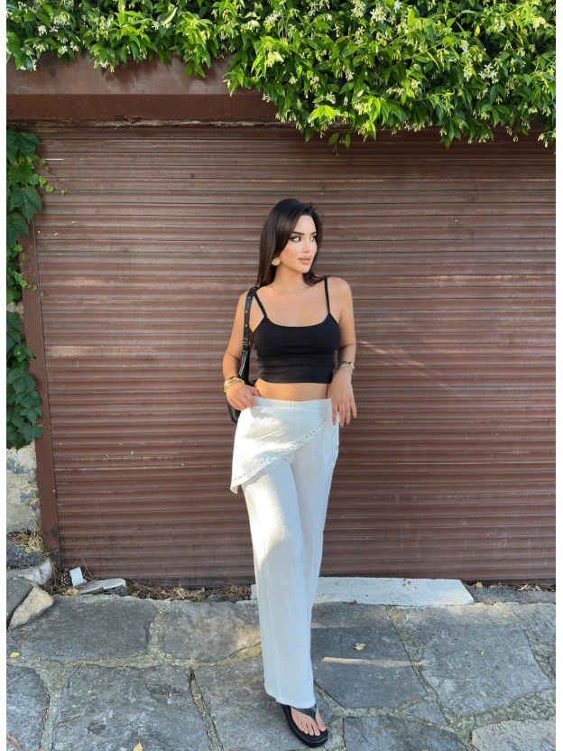 Beyaz Beli Fularlı Tailored Fit Tensel Pantolon